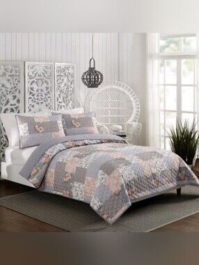 King 3pc La Flor Quilt Set Blush/Gray - Modern Heirloom